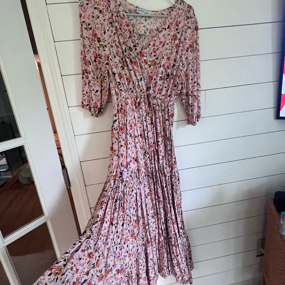 Petal & Pup Pink and White Bishop Sleeve Maxi Sundress